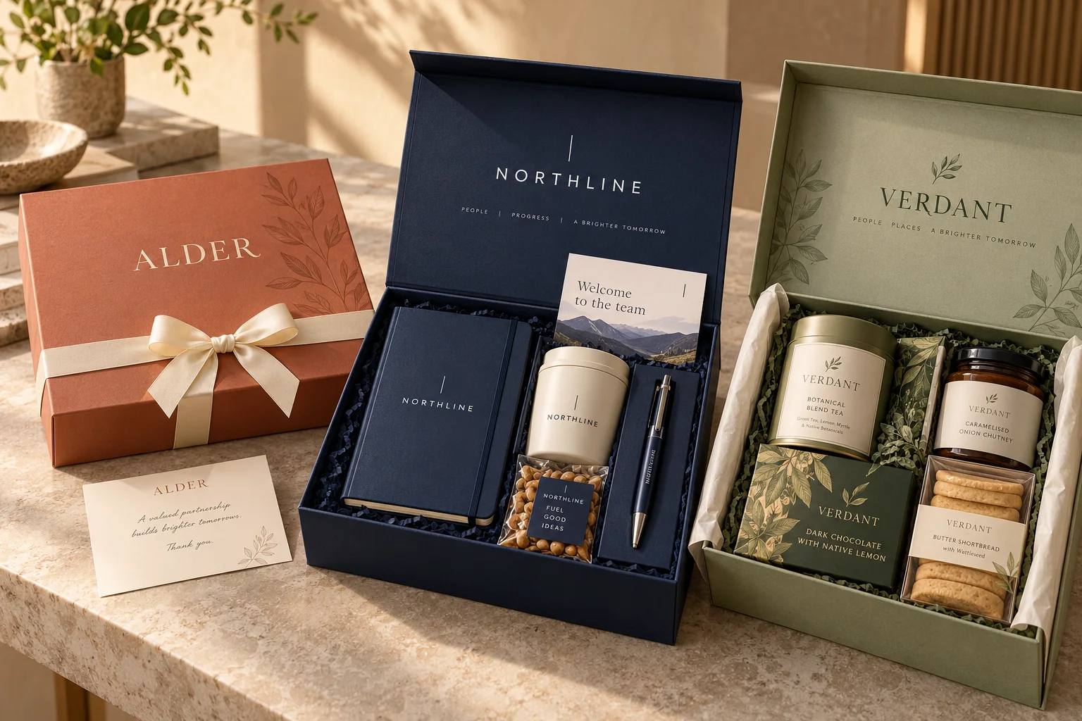 Three fictional client packaging concepts demonstrating different company colours and branding